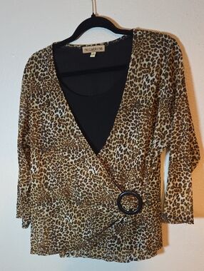 Notations Leopard-Print Wrap Blouse in Tan and Brown